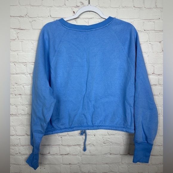 H&M blue Fleece lined Cropped Crewneck Pullover Sweatshirt drawstring waist sz L - Picture 2 of 5